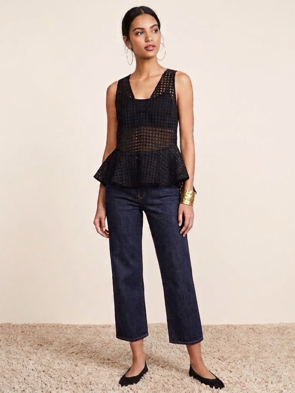 Elizabeth and James Black Sheer Check Peplum Blouse - Sz: XS